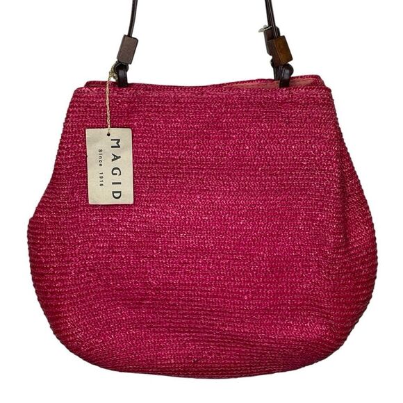 NWT Magid Wheat Straw Shoulder Bag Purse Fuschia Pink Brown Strap - Picture 1 of 14